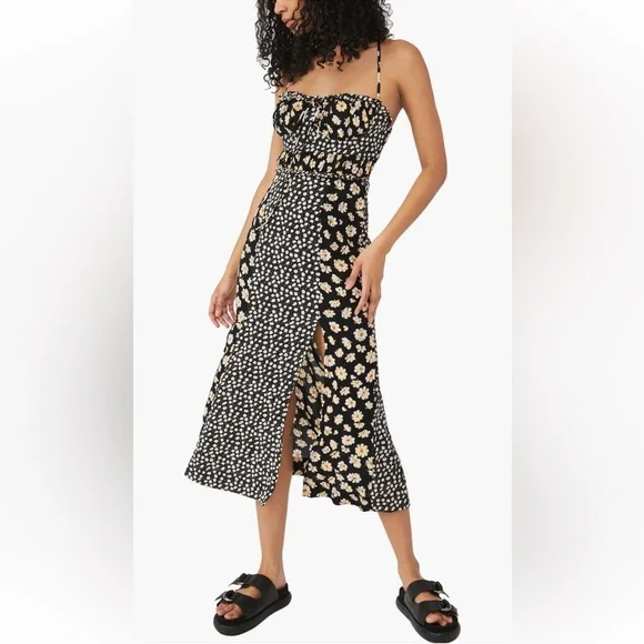 knee length dresses for ladies Monochrome Rose Floral Pattern Print Slim Fit Midi Cami Dress